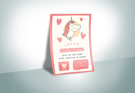 Party Invitation Flyer Layout with Unicorn Illustration