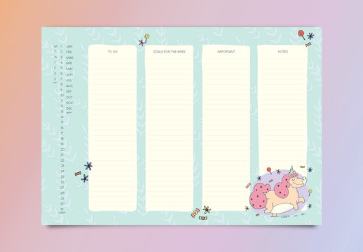 Weekly Planner with Unicorn Illustration