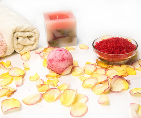 Spa still life with bath bombs and rose.