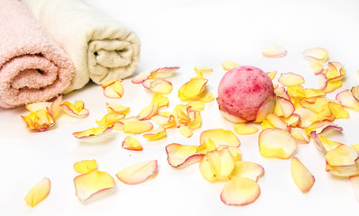 Spa still life with bath bombs and rose.