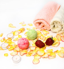Spa still life with bath bombs and rose.