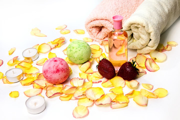 Spa still life with bath bombs and rose.