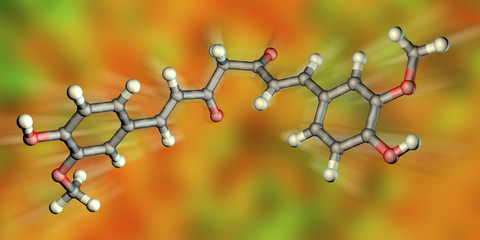 Curcumin molecule, a yellow-orange dye obtained from turmeric, 3D illustration. It has high antioxidant, anti-inflammatory, chemopreventive and anticancer activity