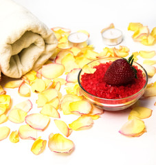 Spa still life with bath bombs and rose.