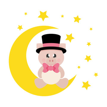 cartoon cute pig with tie in hat sitting on the moon 