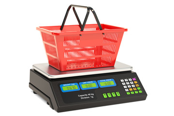 Fototapeta premium Price computing scale with shopping basket, 3D rendering