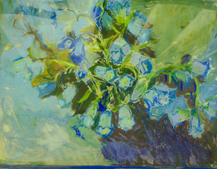 Blue bells. Oil on the glass. Hand drawn. Candid.