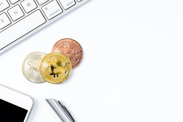 Gold, Silver and Bronze bit coin with top view flat lay and isolated on white background.