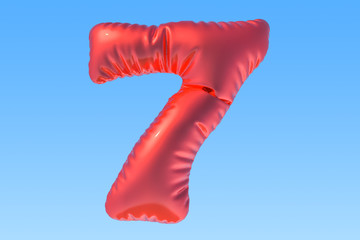 Number 7, red foil balloon in the sky. 3D rendering
