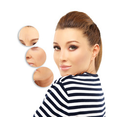 Aging. Mature woman-young woman.Face with skin problem.Before and after cosmetic procedures