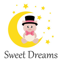 cartoon cute pig with tie in hat sitting on the moon with text