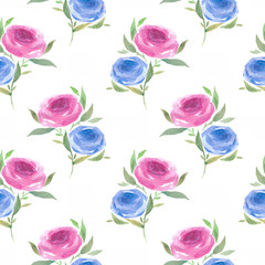 Flowers pattern, roses, blue and pink. Romantic, cute, watercolor