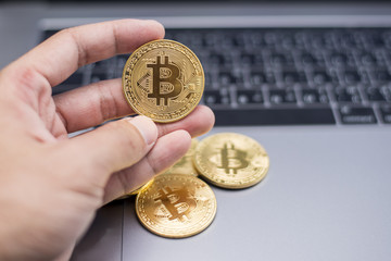 male hand holding  bitcoin on a laptop background.