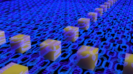 Blue flat chains with binary texture and multiple layers and floating yellow cubes blockchain concept