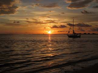 Fototapeta na wymiar Silhouette von einem Segelboot während des Sonnenuntergangs