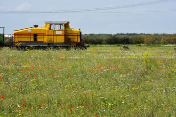 Special train for railway repairs through the countryside in bloom