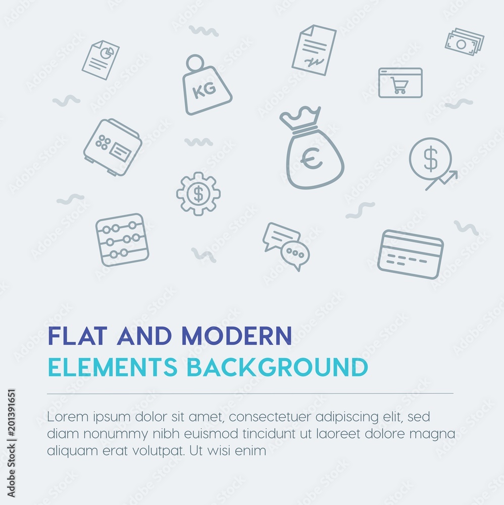 Poster business, money, shopping outline vector icons and elements background concept on grey background...