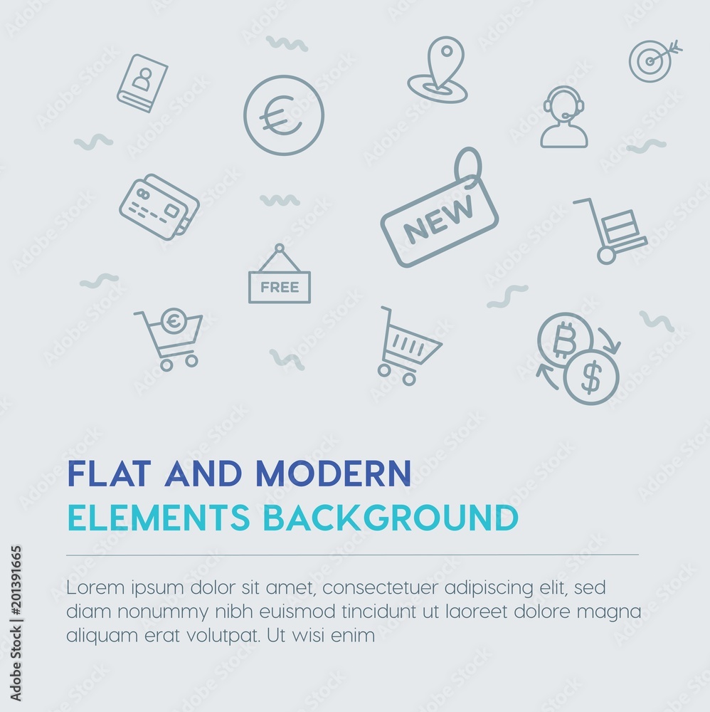 Poster business, money, shopping outline vector icons and elements background concept on grey background...