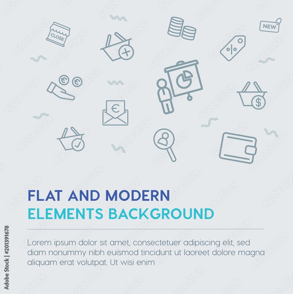 Poster business, money, shopping outline vector icons and elements background concept on grey background...
