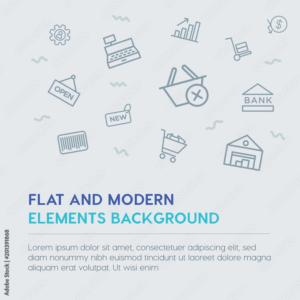 Poster business, money, shopping outline vector icons and elements background concept on grey background...