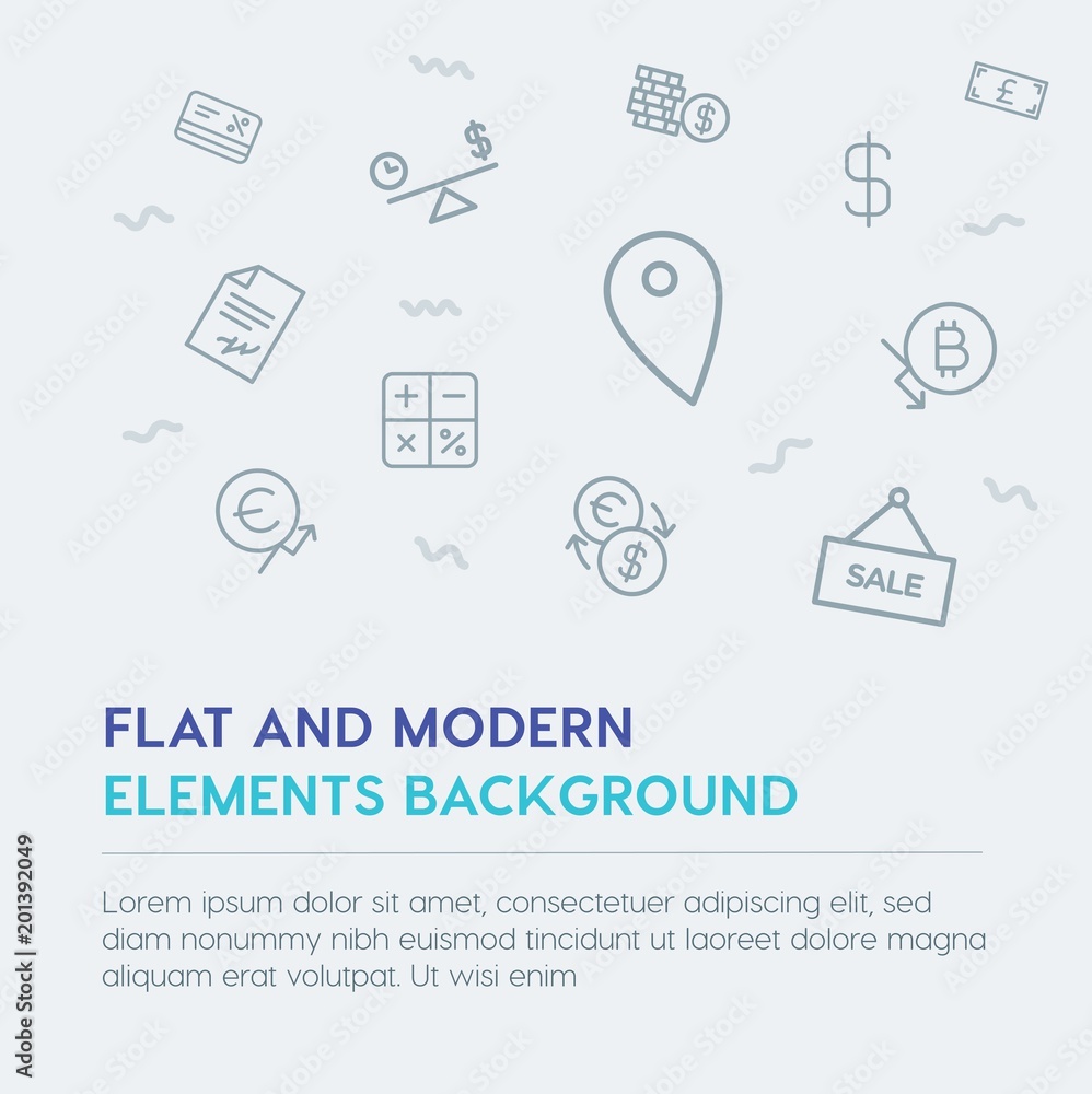 Poster business, money, shopping outline vector icons and elements background concept on grey background...