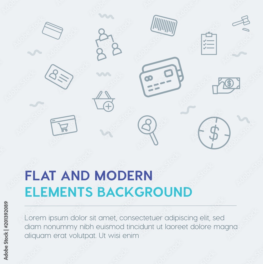 Poster business, money, shopping outline vector icons and elements background concept on grey background...