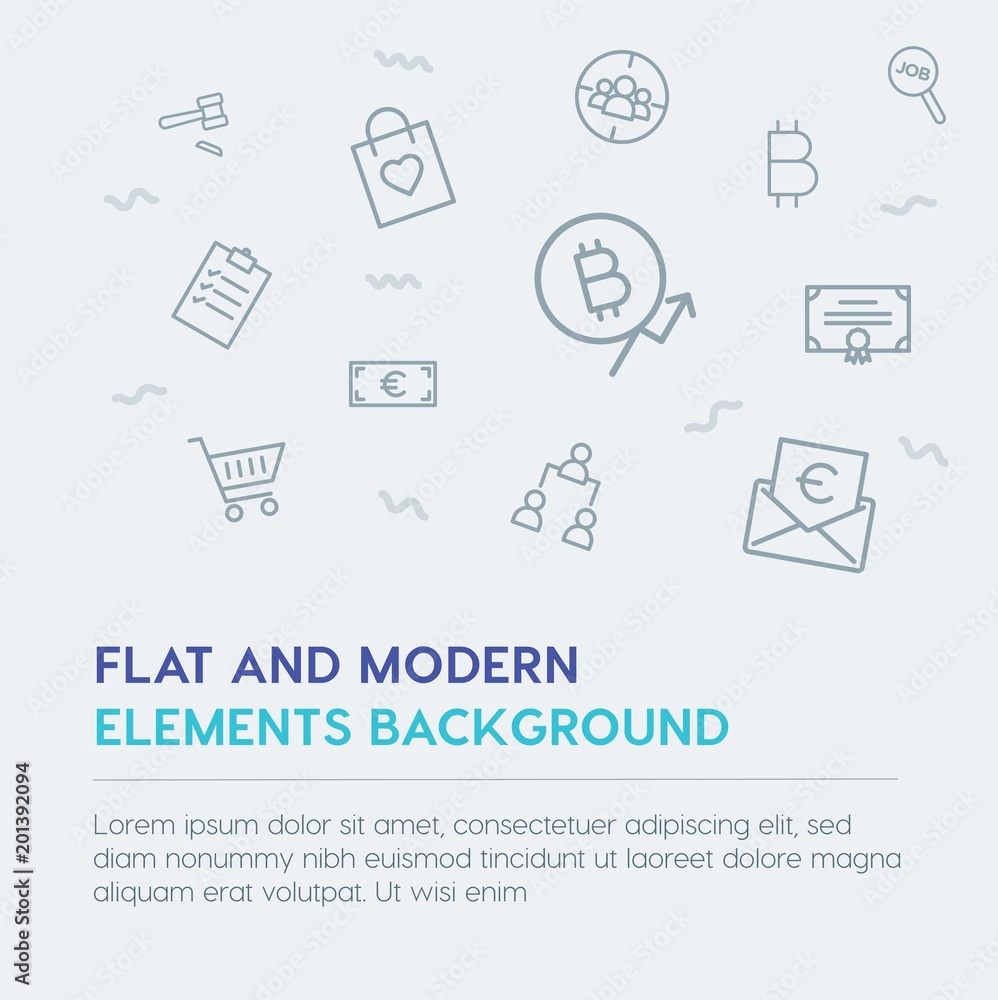 Poster business, money, shopping outline vector icons and elements background concept on grey background...