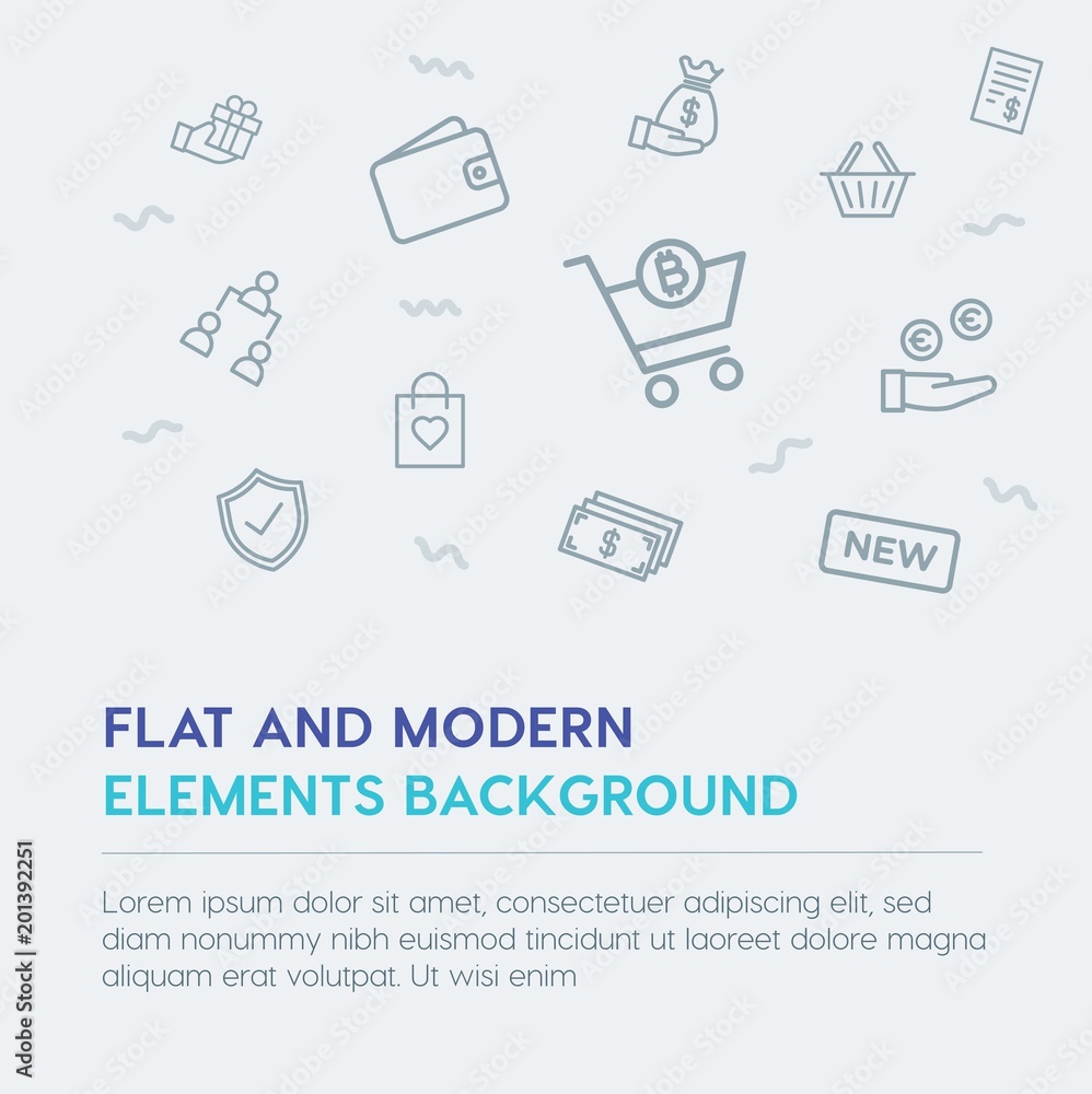 Poster business, money, shopping outline vector icons and elements background concept on grey background...