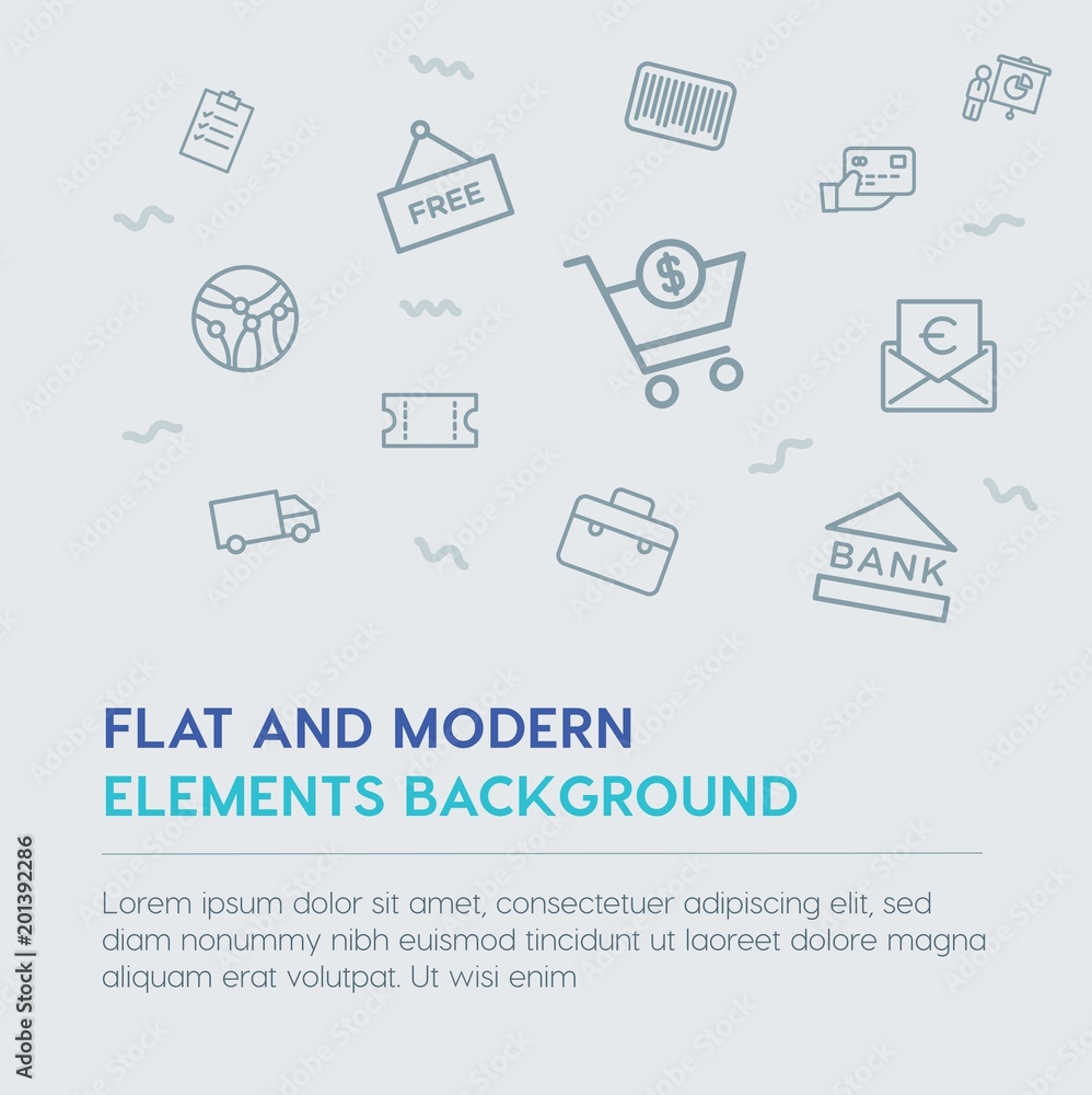 Poster business, money, shopping outline vector icons and elements background concept on grey background...
