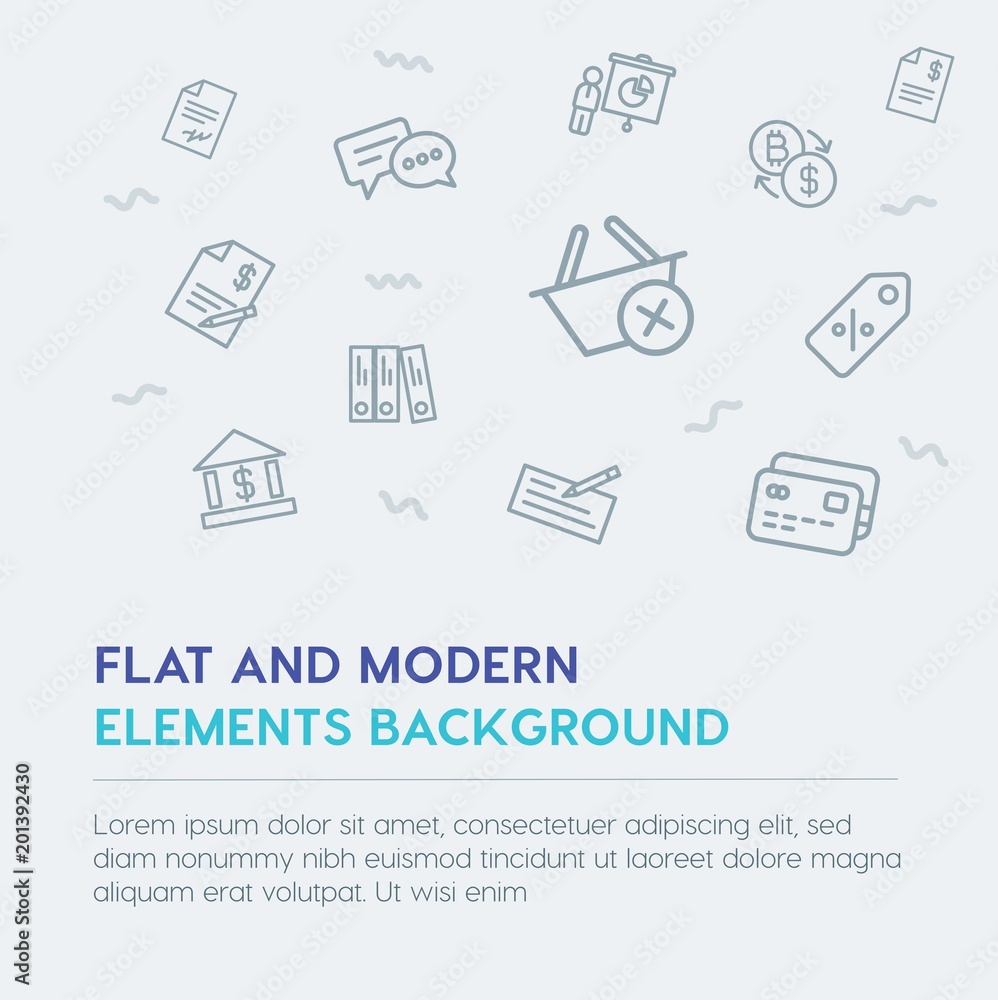 Poster business, money, shopping outline vector icons and elements background concept on grey background...