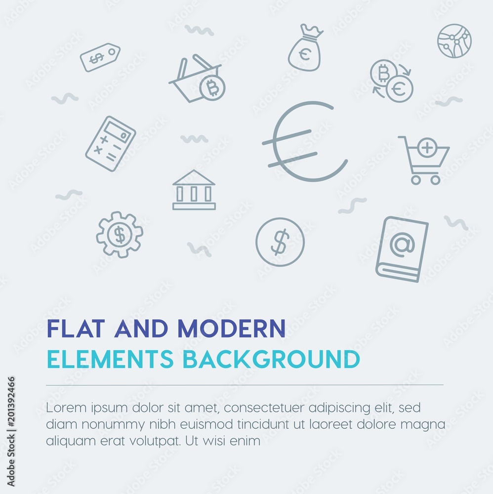 Poster business, money, shopping outline vector icons and elements background concept on grey background...