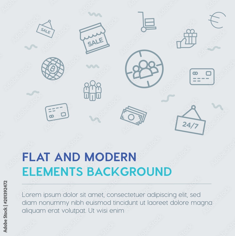Poster business, money, shopping outline vector icons and elements background concept on grey background...