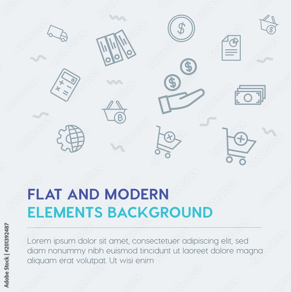 Poster business, money, shopping outline vector icons and elements background concept on grey background...