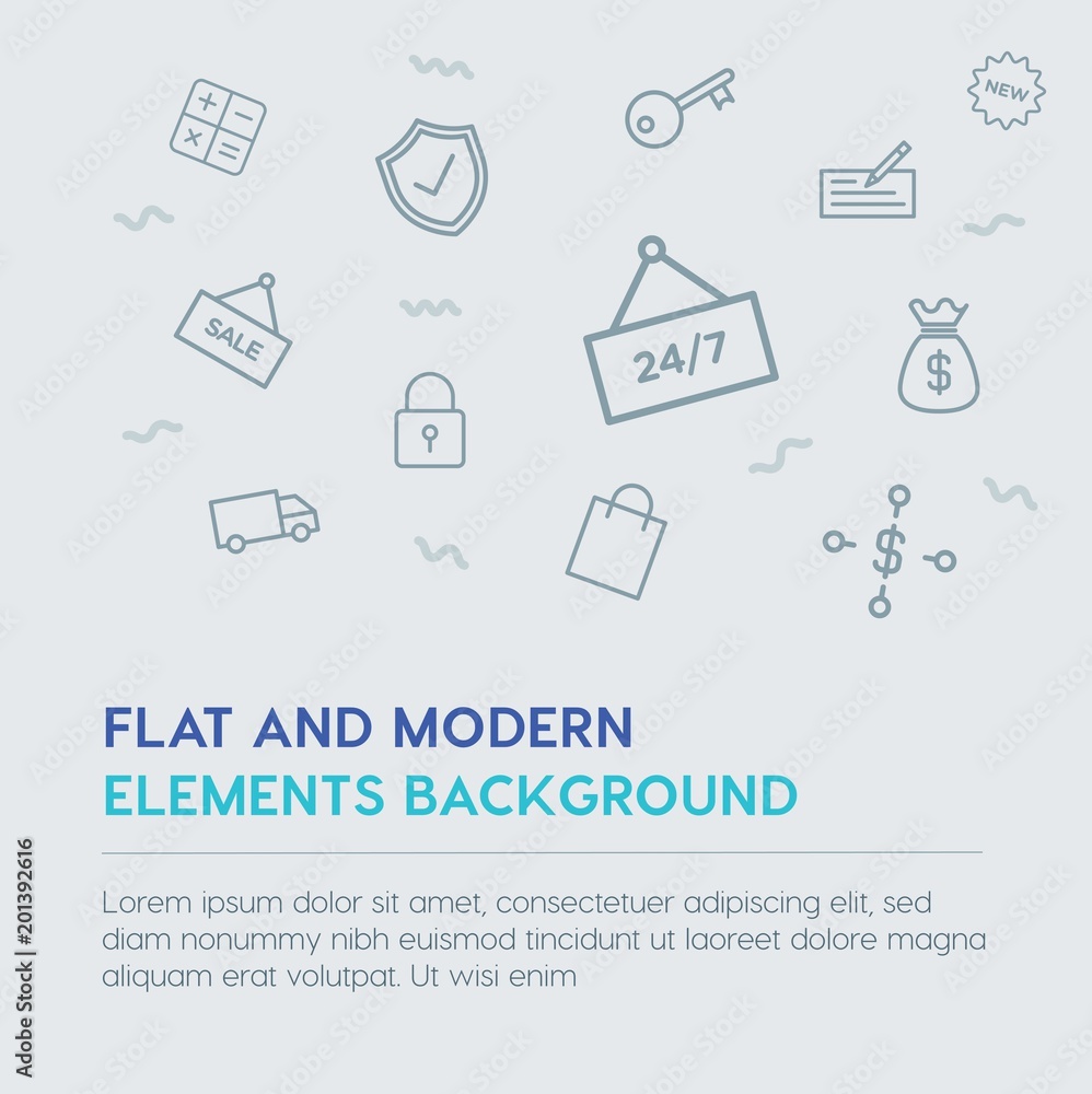 Poster business, money, shopping outline vector icons and elements background concept on grey background...