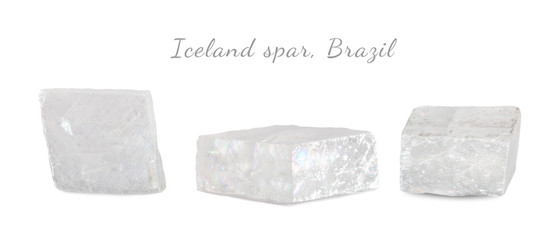 Macro shooting of natural gemstone. Raw mineral Iceland spar, Brazil. Isolated object on a white background.