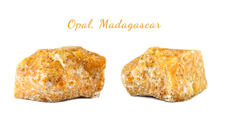 Macro shooting of natural gemstone. The raw mineral is opal, Madagascar. Isolated object on a white background.
