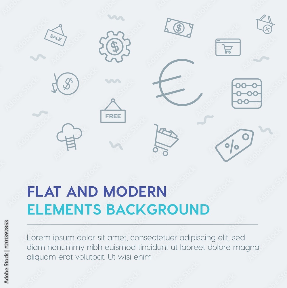 Poster business, money, shopping outline vector icons and elements background concept on grey background...