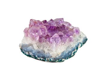 Macro shooting of natural gemstone. Mineral amethyst. Isolated object on a white background.