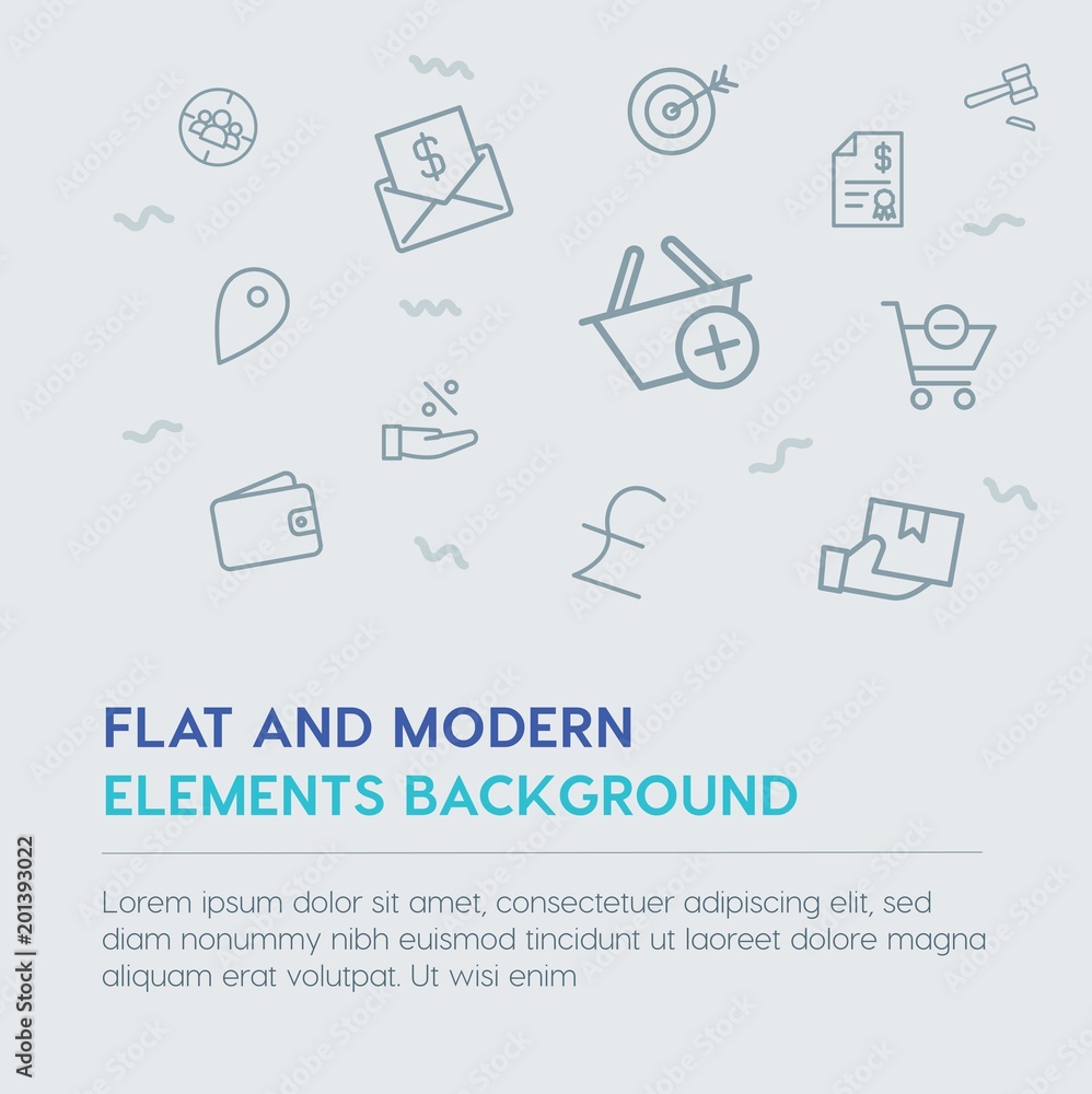 Poster business, money, shopping outline vector icons and elements background concept on grey background...
