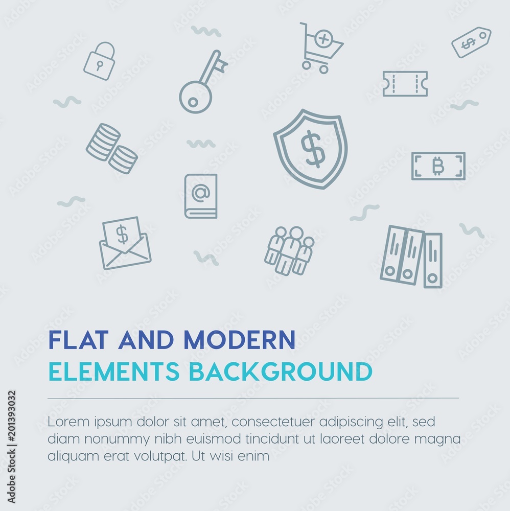 Poster business, money, shopping outline vector icons and elements background concept on grey background...