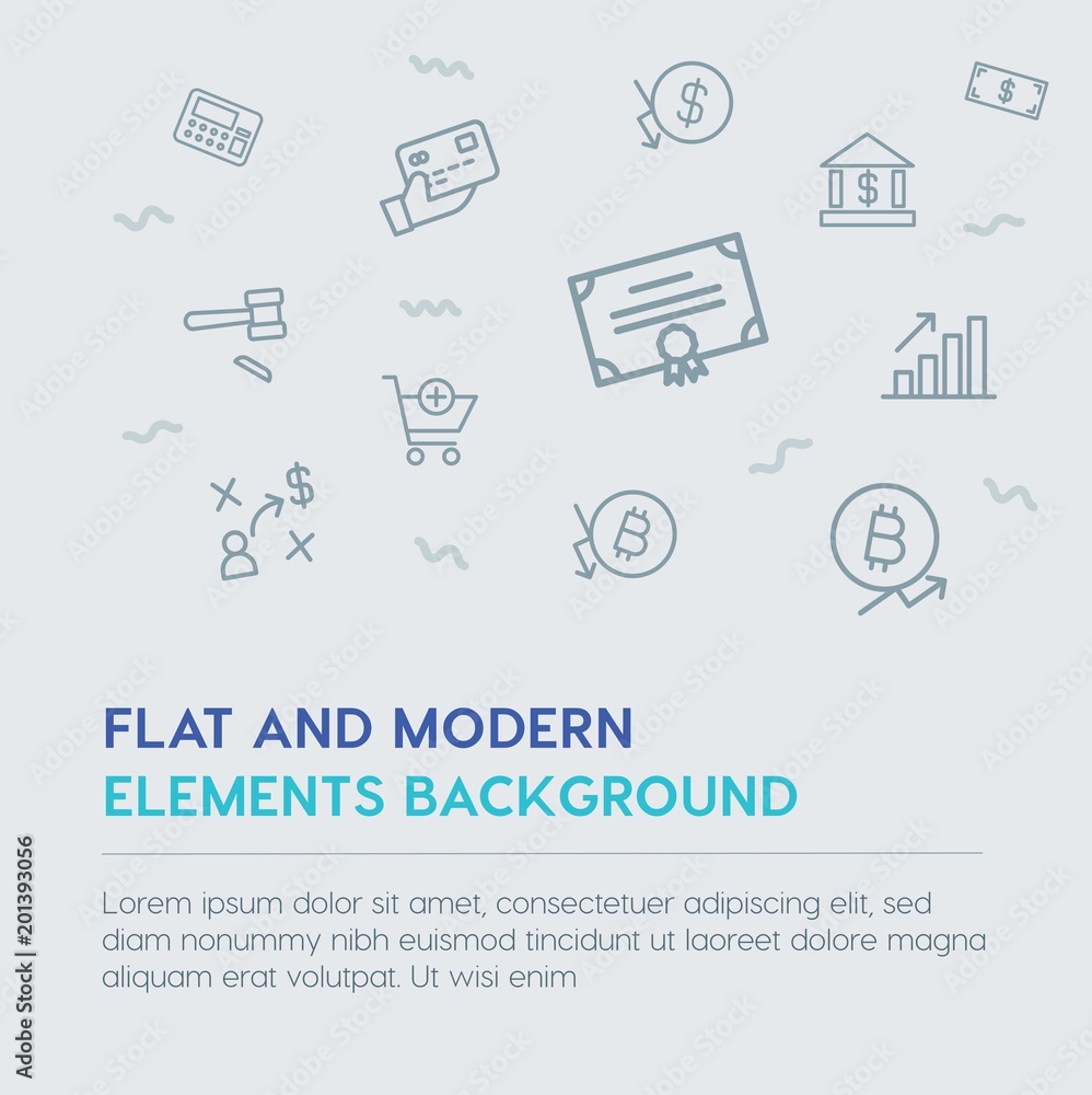 Poster business, money, shopping outline vector icons and elements background concept on grey background...