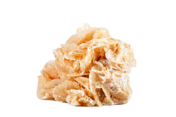 Macro shooting of natural gemstone. Mineral desert rose, Tunisia. Isolated object on a white background.