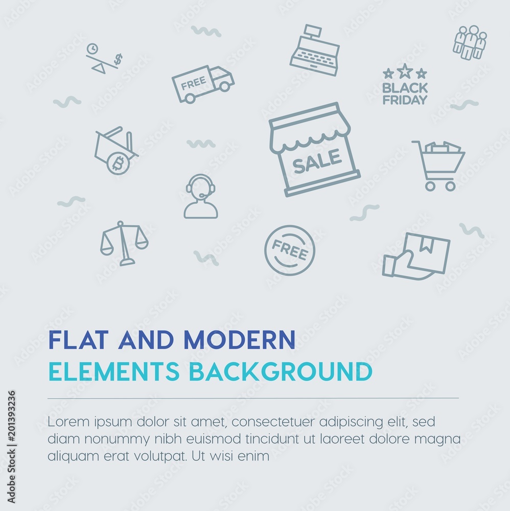 Poster business, money, shopping outline vector icons and elements background concept on grey background...