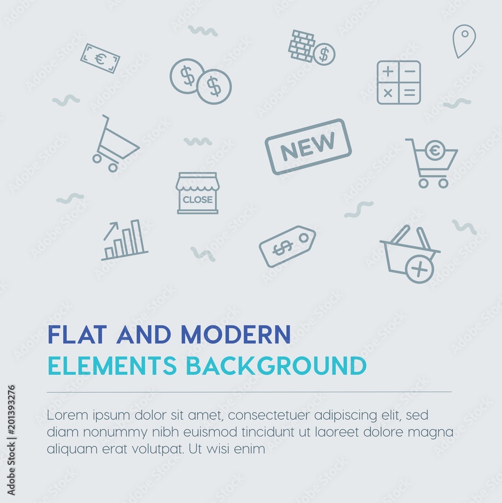 Poster business, money, shopping outline vector icons and elements background concept on grey background...