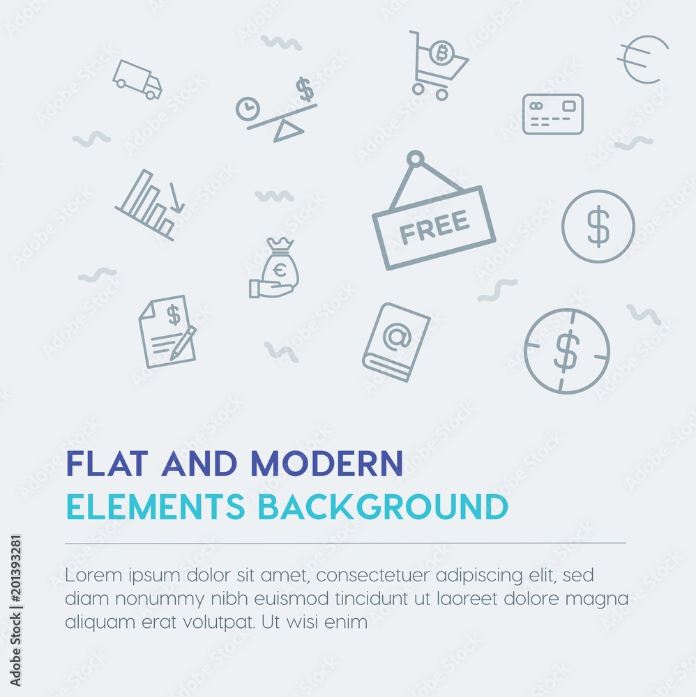 Poster business, money, shopping outline vector icons and elements background concept on grey background...