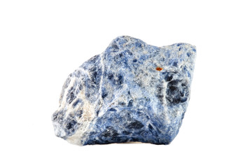 Macro shooting of natural gemstone. Raw mineral sodalite, South Africa. Isolated object on a white...