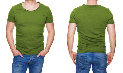 T-shirt design - man in blank olive green tshirt front and rear isolated on white