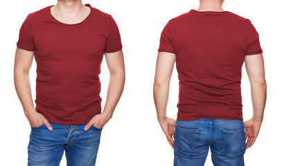 T-shirt design - man in blank red tshirt front and rear isolated on white