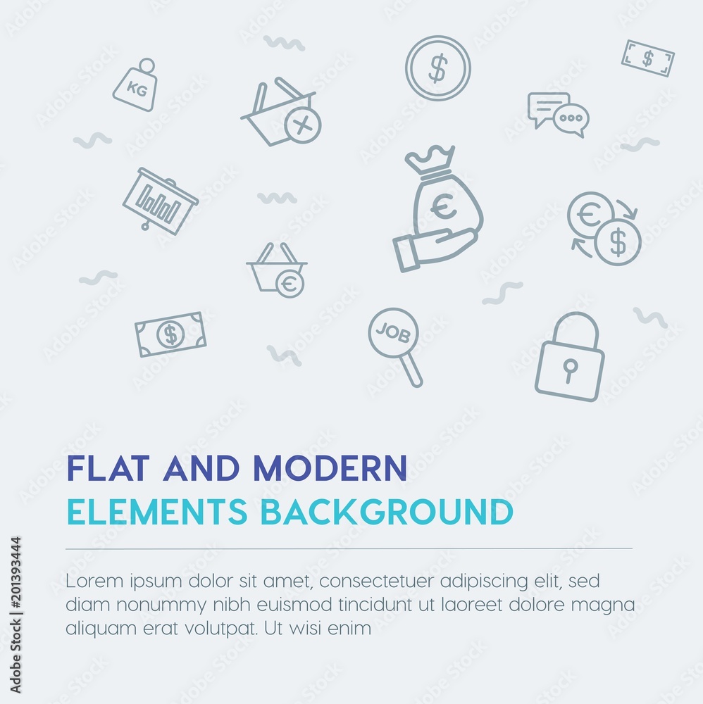 Poster business, money, shopping outline vector icons and elements background concept on grey background...