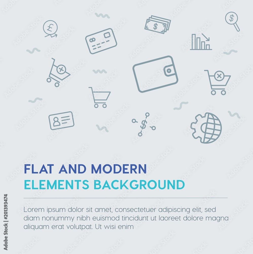 Poster business, money, shopping outline vector icons and elements background concept on grey background...